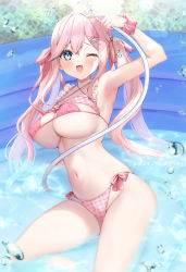  1girl :p ayuma_sayu bikini blue_eyes breasts covered_erect_nipples frilled_bikini frills highres hose large_breasts navel one_eye_closed original pink_bikini pink_hair solo swimsuit thighs tongue tongue_out twintails underboob water wet  rating:Questionable score:22 user:danbooru