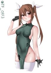  1girl alternate_costume armpit_crease bare_shoulders black_gloves bow breasts brown_eyes chestnut_mouth china_dress chinese_clothes commentary_request covered_navel cowboy_shot cropped_legs dress gloves green_dress hair_between_eyes highres kantai_collection long_hair looking_at_viewer medium_breasts one-hour_drawing_challenge simple_background solo tf_cafe thighhighs tone_(kancolle) twintails twitter_username white_background white_bow white_thighhighs 