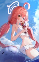 1girl absurdres ahoge artist_request bare_shoulders bikini blue_archive blue_eyes blue_sky day food frilled_bikini frills hair_bobbles hair_ornament halo heterochromia highres hoshino_(blue_archive) hoshino_(swimsuit)_(blue_archive) ice_cream inflatable_toy long_hair looking_at_viewer low_twintails ocean official_alternate_costume parfait pink_hair sky solo swimsuit twintails wet white_bikini yellow_eyes rating:General score:4 user:danbooru