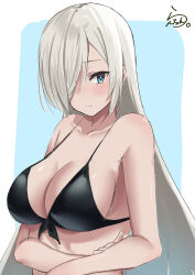  1girl absurdres aged_up alternate_hair_length alternate_hairstyle artist_logo bikini black_bikini blue_eyes breasts cleavage front-tie_bikini_top front-tie_top grey_hair hair_over_one_eye hamakaze_(kancolle) highres kantai_collection lanthan large_breasts long_hair looking_at_viewer solo swimsuit two-tone_background 