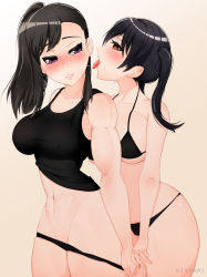  2girls absurdres bare_shoulders bikini black_bikini black_hair black_panties black_shirt blush breasts collarbone covered_erect_nipples en&#039;en_no_shouboutai heavy_breathing highres hioyami large_breasts licking licking_another&#039;s_face lips long_hair looking_at_another maki_oze multiple_girls navel open_mouth panties panty_pull parted_lips ponytail purple_eyes saliva shirt simple_background skindentation sweat swimsuit tamaki_kotatsu tank_top thighs tongue tongue_out twintails underwear yellow_eyes yuri  rating:Questionable score:61 user:JustHere4Butts