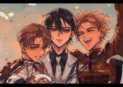  3boys ^_^ arm_around_shoulder black_hair blonde_hair blue_eyes brothers brown_eyes brown_hair closed_eyes cloud collared_shirt confetti ferrari fujiwara_takumi hair_behind_ear hair_between_eyes hand_on_another&#039;s_shoulder helmet holding holding_helmet initial_d jumpsuit lanyard letterboxed looking_at_viewer male_focus multiple_boys open_mouth parted_lips racing_suit red_jumpsuit shell_(company) shirt siblings sky smile takahashi_keisuke takahashi_ryousuke unworn_headwear unworn_helmet white_jumpsuit yejian_feixing 