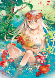  1girl anthurium bare_shoulders bird_of_paradise_flower blonde_hair breasts cleavage collarbone dress flower hair_flower hair_ornament head_wreath highres lily_(flower) long_hair looking_at_viewer ocha_(oteaaa) original peony_(flower) petals pink_flower red_flower rose sitting solo sundress tree water white_dress white_flower yellow_eyes yellow_flower 