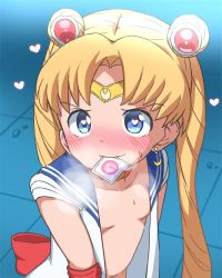  1girl aged_down bishoujo_senshi_sailor_moon blonde_hair blush breasts bubukka choker closed_mouth collarbone condom condom_in_mouth crescent crescent_earrings diadem double_bun earrings hair_bun heart heart-shaped_pupils heart_choker heavy_breathing jewelry loli long_hair mouth_hold open_clothes sailor_collar sailor_moon sailor_moon_redraw_challenge sailor_senshi sailor_senshi_uniform small_breasts smile solo sweatdrop symbol-shaped_pupils tsukino_usagi twintails upper_body 