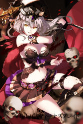 &gt;:) 1girl armlet armor armored_boots bare_shoulders blood blood_splatter blood_stain boots breasts brown_skirt cleavage copyright_name copyright_request floating_hair hair_between_eyes headpiece highres holding holding_weapon large_breasts long_hair looking_at_viewer miniskirt motion_blur navel official_art original parted_lips revealing_clothes scythe silver_hair skirt skull solo thigh_strap v-shaped_eyebrows vambraces weapon yellow_eyes yuuki_kira rating:Sensitive score:10 user:danbooru