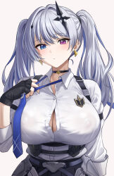  1girl black_choker black_gloves blue_eyes breasts button_gap choker closed_mouth collared_shirt commentary covered_erect_nipples cross-shaped_pupils cross_hair_ornament earrings fingerless_gloves fuooooo gloves grey_hair hair_intakes hair_ornament highres jewelry large_breasts light_blush looking_at_viewer necktie necktie_grab neckwear_grab neo-porte no_bra pink_eyes purple_necktie see-through see-through_shirt shirt solo symbol-shaped_pupils tentei_forte triangle_earrings twintails upper_body virtual_youtuber white_shirt  rating:Questionable score:7 user:danbooru