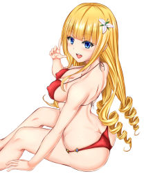  1girl ally_(pixiv14812721) ass bikini blonde_hair blue_eyes breasts butt_crack covered_erect_nipples female_focus flower hair_ornament highres looking_at_viewer open_mouth profile red_bikini shironeko_project simple_background sitting solo swimsuit white_background 
