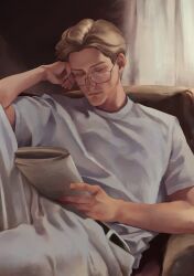  1boy 3aem belt blonde_hair blue_shirt closed_eyes closed_mouth couch feet_out_of_frame glasses grey_pants hand_on_own_head highres holding holding_newspaper indoors male_focus nanami_kento newspaper on_couch pants shirt short_sleeves sitting solo 