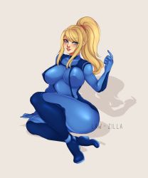  1girl blonde_hair blue_eyes blush bodysuit breasts curvy covered_erect_nipples full_body highres large_breasts law-zilla long_hair looking_at_viewer metroid nintendo parted_lips ponytail samus_aran sitting skin_tight solo wide_hips zero_suit  rating:Questionable score:48 user:n7Yuzuri