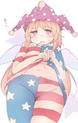  american_flag american_flag_legwear blonde_hair clothes_lift clownpiece embarrassed fairy_wings from_below hat highres jester_cap lifted_by_self loli looking_at_viewer navel red_eyes shirt_lift stomach sweat touhou wings  rating:Questionable score:38 user:Nut_bladder