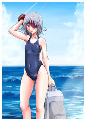  10s 1girl :o arm_up armpits blue_sky blush bracer breasts briefcase clothing_cutout cloud competition_swimsuit covered_navel day eyepatch gina_dickinson god_eater god_eater_burst gun hair_between_eyes highleg highleg_swimsuit holding huge_weapon kokushi light_rays lipstick makeup ocean one-piece_swimsuit open_mouth outdoors red_eyes red_lips rifle short_hair side_cutout silver_hair skin_tight sky small_breasts sniper_rifle solo sparkle speedo_(company) standing sunbeam sunlight swimsuit water weapon wet 