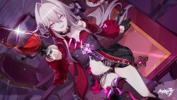  1girl alcohol black_bow black_collar black_gloves black_shorts boots bottle bow bright_pupils chest_bow collar commentary cup dutch_angle english_commentary fishnet_gloves fishnets fork gloves hair_between_eyes hair_bow hair_intakes half_gloves highres holding holding_cup honkai_(series) honkai_impact_3rd large_bow logo long_hair looking_at_viewer midriff navel official_art official_wallpaper pink_eyes plate red_bow red_shirt shirt short_shorts shorts single_bare_shoulder single_thigh_boot sitting smile solo thelema_(honkai_impact) thigh_boots thigh_strap thighs very_long_hair white_hair white_pupils wide_sleeves wine wine_bottle 