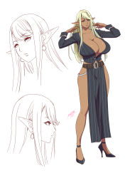  1girl 2021 alternate_costume aqua_eyes arms_up artist_name belt belt_buckle black_belt black_footwear black_high_heels blonde_eyebrows blonde_hair breasts buckle bursting_breasts cleavage collarbone contrapposto covered_erect_nipples curvy dark-skinned_female dark_elf dark_skin earrings elf eyebrows eyebrows_hidden_by_hair female_focus full_body hair_lift hair_over_breasts high_heels highres hourglass huge_breasts huge_nipples impossible_clothes jewelry legs lips lipstick long_ears long_hair long_legs long_pointy_ears long_sleeves looking_at_viewer makeup mascara monochrome multiple_views nipples no_bra no_panties original parted_lips pelvic_curtain pointy_ears puffy_nipples red_lips revealing_clothes shiny_skin shirt side_slit signature simple_background sleeves_rolled_up standing striped_clothes striped_shirt tatsunami_youtoku very_long_hair white_background white_stripes  rating:Questionable score:123 user:ron2k15