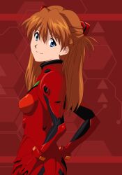  1girl absurdres ass blue_eyes breasts brown_hair curvy hands_on_own_hips highres long_hair looking_at_viewer looking_back neon_genesis_evangelion official_art plugsuit small_breasts smile solo souryuu_asuka_langley standing twintails vector_trace  rating:Sensitive score:14 user:xen84