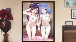  2girls animal_ear_fluff animal_ears artist_name blue_hair blush blush_stickers bra breasts carpet chiaki_katsumi commission drawer eroneko_senpai fingers hair_ornament hairclip hat highres holding_hands indoors mirror multiple_girls open_mouth panties photo_(object) pink_eyes pixellink polka_dot polka_dot_panties purple_hair raki_kazuki ribbon small_breasts thighs underwear underwear_only v virtual_youtuber wall wallpaper whiskers white_bra white_panties wings witch_hat yellow_eyes 