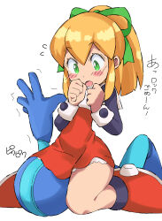  1boy 1girl arm_up blonde_hair blue_gloves blue_headwear blush boots clenched_hands dress flying_sweatdrops girl_on_top gloves green_eyes hand_to_own_mouth helmet herukerua highres loli long_hair lying mega_man_(character) mega_man_(classic) mega_man_(series) on_back open_mouth ponytail red_dress red_footwear ribbon roll_(mega_man) short_dress sitting sitting_on_face sitting_on_person thighs 