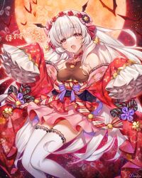  1girl bare_shoulders bat_(animal) blush commission commissioner_name fang floral_print flower frilled_sleeves frills full_moon grey_hair hair_flower hair_ornament japanese_clothes kimono lace lace-trimmed_thighhighs long_hair looking_at_viewer moon munlu_(wolupus) open_mouth original pink_skirt print_kimono red_eyes red_kimono red_sky signature skeb_commission skirt sky sleeves_past_fingers sleeves_past_wrists solo thighhighs white_thighhighs zettai_ryouiki 