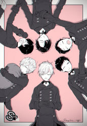  6+boys android black_coat black_gloves black_hair character_request choker coat collar gloves hug lying male_focus multiple_boys nier_(series) nier:automata hugging_object on_back on_side pillow pillow_hug sleeping stretching white_hair yawning 9s_(nier:automata)  rating:Sensitive score:1 user:The_Silver_Prince