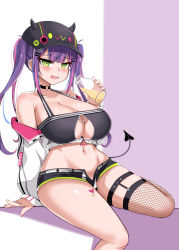  1girl absurdres alternate_breast_size baseball_cap black_choker black_hat black_shorts bottle breasts choker cleavage cleavage_cutout clothing_cutout commission demon_girl ear_piercing fang fishnet_thighhighs fishnets green_eyes hair_ornament hairclip hat heart heart_tattoo highres holding holding_bottle hololive jacket kim_wang_jang large_breasts long_hair long_sleeves multicolored_hair nail_polish navel navel_piercing open_fly piercing pink_hair pink_nails purple_hair short_shorts shorts single_thighhigh sitting skin_fang solo tattoo thighhighs tokoyami_towa twintails virtual_youtuber white_jacket yellow_nails  rating:Sensitive score:36 user:danbooru