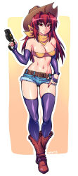  1girl 2023 20s ahoge bandana belt black_gloves black_thighhighs blue_shorts boots breasts brown_belt brown_footwear brown_hat cleavage cowboy_boots cowboy_hat denim denim_shorts fingerless_gloves gloves gun handgun hat holding holding_gun holding_weapon large_breasts long_hair looking_at_viewer midriff navel pistol red_eyes red_hair shirt short_shorts shorts smile standing strapless thighhighs tube_top weapon white_background yellow_bandana yellow_shirt zeshgolden 