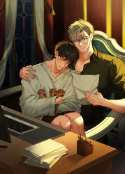  2boys absurdres black_shirt brown_hair can chair closed_eyes closed_mouth collarbone collared_shirt glasses grey_sweater highres holding holding_paper ilay_riegrow indoors jeong_taeui keyboard_(computer) korean_commentary light_smile long_sleeves male_focus multiple_boys paper parted_lips passion_(manhwa) pencil pencil_case saliva shirt sleeping sleeping_on_person sweater table teeth wooden_table yaoi yup_tae333 