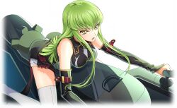  1girl artist_request bare_shoulders black_shirt black_sleeves breasts c.c. code_geass code_geass:_lost_stories detached_sleeves female_focus game_cg green_hair hair_between_eyes hanging_breasts leaning_forward long_hair long_sleeves looking_afar medium_breasts non-web_source official_art open_mouth piloting shirt short_shorts shorts sidelocks simple_background sitting sleeveless sleeveless_shirt solo thighhighs thighs transparent_background white_shorts white_thighhighs yellow_eyes  rating:Sensitive score:1 user:AngryZapdos