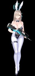  1girl absurdres animal_ears assault_rifle asuna_(blue_archive) asuna_(bunny)_(blue_archive) asymmetrical_bangs blue_archive blue_halo blue_leotard bow bowtie breasts bullpup cleavage corruption detached_collar empty_eyes fake_animal_ears famas full_body grey_eyes gun hair_over_one_eye halo harold_japan highres holding holding_gun holding_weapon large_breasts leotard light_brown_hair long_hair looking_at_viewer mind_control mole mole_on_breast pantyhose playboy_bunny rabbit_ears rifle solo strapless strapless_leotard traditional_bowtie weapon 