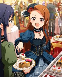  black_hair blue_dress blue_eyes brown_hair card_(medium) choker corset cup dress drinking_glass faceless food forehead fruit hat idolmaster idolmaster_million_live! idolmaster_million_live!_theater_days jewelry juliet_sleeves long_dress long_sleeves minase_iori mini_hat mogami_shizuka necklace official_art open_mouth pink_eyes plate puffy_sleeves strawberry wine_glass 