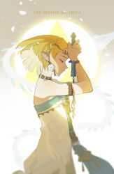  1girl blonde_hair bracelet braid closed_eyes closed_mouth crown_braid dress drop_earrings earrings english_text from_side guangchenren highres holding jewelry necklace nintendo pointy_ears princess_zelda solo strapless the_legend_of_zelda the_legend_of_zelda:_tears_of_the_kingdom triforce white_dress 