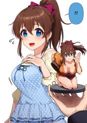 1girl ? bare_shoulders barefoot blue_dress blue_eyes bouncing_breasts breasts breasts_apart brown_hair closed_mouth collarbone commentary dot_nose dress figure flying_sweatdrops hair_between_eyes hand_on_own_chest hand_up high_ponytail highres holding idolmaster idolmaster_million_live! kamille_(vcx68) kneeling large_breasts long_hair long_sleeves looking_at_viewer motion_lines no_bra open_mouth polka_dot polka_dot_dress pov pov_hands satake_minako shirt simple_background solo_focus spoken_question_mark thighs upper_body white_background 