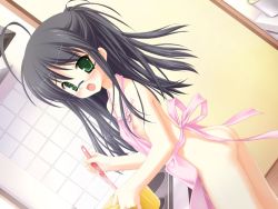 1girl ahoge anus apron ass black_hair blush bra-ban! breasts casual_nudity cooking dutch_angle female_focus flat_chest game_cg glasses green_eyes imamiya_noriko kitchen kobuichi loli long_hair looking_at_viewer naked_apron nipples open_mouth ponytail solo standing rating:Questionable score:43 user:danbooru