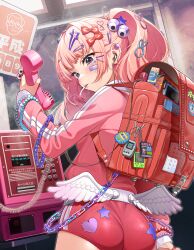 1girl angel_wings ass backpack bag bag_charm bandaid bandaid_on_cheek bandaid_on_ear bandaid_on_face blush book bow buruma cable charm_(object) cigarette coiled_cord commentary_request corded_phone cowboy_shot earphones eyebrows_hidden_by_hair facial_mark fake_wings from_behind grey_eyes gyaru hair_bow hair_intakes hair_ornament hairclip heisei highres holding holding_phone jacket kabu_(niniko2ko) long_sleeves looking_at_viewer looking_back mouth_hold nail_polish original partial_commentary phone pink_hair pink_jacket randoseru red_bow red_buruma red_nails smoke smoking solo star_(symbol) star_facial_mark star_hair_ornament tamagotchi_(virtual_pet) track_jacket white_wings wings