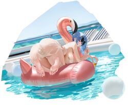  1girl :o ahoge all_fours ass ass_focus azur_lane back bare_arms bare_legs bare_shoulders barefoot bikini blue_hair blue_sky blush breasts cup day drinking_glass earrings eyewear_on_head feet from_behind full_body halterneck hanging_breasts highres holding holding_cup huge_breasts inflatable_flamingo inflatable_raft inflatable_toy jewelry large_breasts legs long_hair looking_at_viewer looking_back non-web_source o-ring o-ring_bikini ocean official_alternate_costume official_art outdoors pool purple_eyes sarong see-through side_ponytail sideboob sidelocks sky soles solo st._louis_(an_afternoon_on_the_lido_deck)_(azur_lane) st._louis_(azur_lane) sunglasses swim_ring swimsuit thighs toes transparent_background underboob water wet wet_clothes white_bikini yunsang 