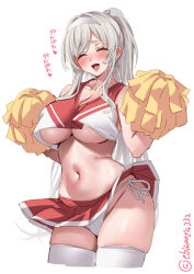  1girl artist_name bare_shoulders blush breasts cheerleader cleavage closed_eyes commentary crop_top ebifurya hairband hashtag-only_commentary highres holding holding_pom_poms kantai_collection large_breasts long_hair looking_at_viewer navel nose_blush one-hour_drawing_challenge open_mouth panties pom_pom_(cheerleading) pom_poms ponytail red_shirt shirt shoukaku_(kancolle) side-tie_panties sidelocks simple_background skindentation sleeveless smile solo stomach thighhighs translation_request underboob underwear white_background white_hair white_hairband white_panties white_thighhighs 