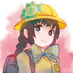  1girl backpack bag black_hair blue_bow blue_bowtie bow bowtie braid bright_pupils closed_mouth clover eyebrows fire_emblem four-leaf_clover grey_eyes hat hat_ornament long_hair minamoto_mamori nintendo plaid plaid_bow plaid_bowtie plaid_neckwear reiesu_(reis) signature smile solo tokyo_mirage_sessions_fe twin_braids upper_body white_pupils yellow_hat  rating:Sensitive score:5 user:danbooru