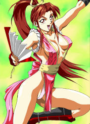 1990s_(style) breasts cleavage covered_erect_nipples hand_fan fatal_fury game ninja oobari_masami panties ponytail shiranui_mai smile snk the_king_of_fighters underwear rating:Questionable score:29 user:Hellstinger