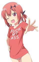 &gt;;d 10s 1girl ;d bat_hair_ornament breasts clothes_writing collarbone english_text fang fuck-me_shirt gabriel_dropout hair_ornament hair_rings hand_on_own_hip highres kannazuki_genshi loli meme_attire no_pants one_eye_closed open_mouth panties profanity red_eyes red_hair red_shirt ribbon satanichia_kurumizawa_mcdowell shirt side_ponytail simple_background small_breasts smile solo standing striped_clothes striped_panties t-shirt underwear wink rating:Questionable score:132 user:aerd