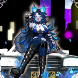  1girl absurdres animal_ear_fluff animal_ears arm_tattoo blue_eyes blue_fire blue_hair blue_skin boots bracelet breasts chain cleavage collar colored_skin curvy fire highres indie_virtual_youtuber jewelry large_breasts scar scar_across_eye spiked_bracelet spikes spite_(vtuber) tail tattoo thick_thighs thighhighs thighs vehicle virtual_youtuber wolf_ears wolf_girl wolf_tail  rating:General score:4 user:Kiransummon
