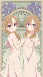  2girls alice_gear_aegis bare_shoulders blush breasts brown_hair closed_mouth collarbone commentary_request dress flower green_eyes grey_dress hair_between_eyes hair_over_shoulder highres holding_hands interlocked_fingers low_twintails maze_(gochama_ze_gohan) multiple_girls purple_flower small_breasts smile star_(symbol) twintails usamoto_anna weighing_scale  rating:Sensitive score:7 user:danbooru