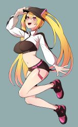  1girl :d absurdres animal_ear_headwear arm_up bare_legs baseball_cap belt black_hat black_shirt black_shorts blonde_hair breasts choi_ego commission covered_erect_nipples crop_top fake_animal_ears full_body gradient_hair grey_background hair_between_eyes hair_through_headwear hand_on_headwear hat highres large_breasts long_hair long_sleeves micro_shorts midriff multicolored_hair navel open_mouth original red_eyes second-party_source shirt shoes shorts shrug_(clothing) simple_background smile sneakers solo stomach sung08ko thighs twintails very_long_hair 