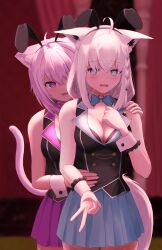  2girls @_@ absurdres ahoge alternate_costume animal_ears aqua_eyes black_vest blue_skirt blush breasts bunny_garden cat_ears cat_girl cat_tail cleavage collar detached_collar fake_animal_ears fox_ears fox_girl fox_tail hand_on_another&#039;s_shoulder hand_on_another&#039;s_waist highres hololive leotard looking_at_viewer medium_hair multiple_girls nekomata_okayu open_mouth playboy_bunny purple_eyes purple_hair purple_skirt rabbit_ears shirakami_fubuki shirata98 skirt smile tail vest virtual_youtuber white_collar white_hair white_wrist_cuffs wrist_cuffs 