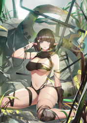  1girl absurdres arknights black_hair bob_cut breasts caution_tape eunectes_(arknights) flower hair_flower hair_ornament highres large_breasts navel nayuko_(wuyou_nayuko) pointy_ears single_knee_pad snake_tail tail 