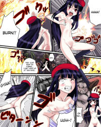  774 ass battle beret black_hair blush breasts clenched_teeth fighting fire flat_chest hat loli naked_hat nipples nude open_mouth pain pig pussy red_eyes screaming smoking_pipe sweat teeth uncensored violence 
