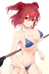 1girl asutora bare_arms bare_shoulders beige_background bikini blue_bikini blush breasts colored_eyelashes commentary_request cowboy_shot gradient_background groin hair_between_eyes hair_bobbles hair_ornament halterneck head_tilt highres large_breasts looking_at_viewer navel onozuka_komachi red_eyes red_hair scythe short_hair side-tie_bikini_bottom skindentation smile solo standing stomach strap_gap swimsuit touhou two_side_up v-shaped_eyebrows white_background rating:Sensitive score:39 user:danbooru