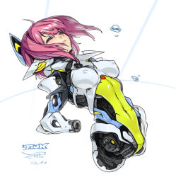  1girl amputee android breasts closed_eyes dated double_amputee highres joints legless_amputee mechanical_parts medium_breasts medium_hair navel original pink_hair robot_ears robot_girl robot_joints solo takada_kazuhiro 