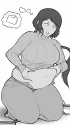  1girl belly belly_grab breasts clothes_lift fat grabbing greyscale gundam gundam_build_fighters highres huge_breasts iori_rinko monochrome navel open_mouth pewbutt plump short_hair solo sweat sweater sweater_lift thick_thighs thighs weighing_scale weight_conscious  rating:Sensitive score:65 user:danbooru