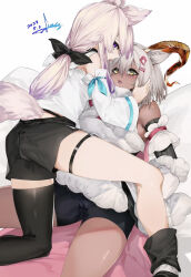  2girls animal_ear_fluff animal_ears arknights asymmetrical_legwear beeswax_(arknights) bike_shorts black_thighhighs blush bow breasts cameltoe candy_hair_ornament cape cardigan_(arknights) cosplay dark-skinned_female dark_skin detached_leggings detached_sleeves dog_ears dog_girl dog_tail dress female_focus food-themed_hair_ornament french_kiss fur-trimmed_dress fur_trim goat_ears goat_girl goat_horns gold_horns grabbing hair_bow hair_ornament hand_on_another&#039;s_face hololive horn_bow horn_ornament horns kiss leaning_back long_hair medium_breasts multicolored_hair multiple_girls naughty_face open_mouth panties pink_cape purple_eyes saliva saliva_trail shirakami_fubuki shirakami_fubuki_(cosplay) signature simple_background sirasu_1943 small_breasts streaked_hair tail thighhighs thighs tongue tongue_out tsunomaki_watame tsunomaki_watame_(cosplay) underwear virtual_youtuber wet wet_clothes wet_panties white_background white_hair yellow_eyes yuri  rating:Sensitive score:25 user:ForgotMyLastAccount