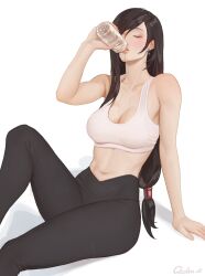  1girl black_hair black_pants bottle breasts cleavage closed_eyes collarbone drinking earrings final_fantasy final_fantasy_vii highres jewelry large_breasts long_hair low-tied_long_hair midriff navel pants quilm simple_background sitting solo sports_bra stomach tifa_lockhart water_bottle white_background white_sports_bra yoga_pants 