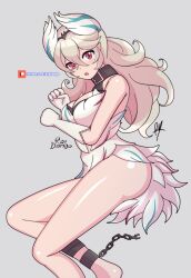  1girl alternate_costume artist_name bare_legs bare_shoulders black_choker blush breasts bridal_gauntlets chain choker corrin_(female)_(fire_emblem) corrin_(fire_emblem) feather_dress feather_hair_ornament feathered_wings feathers fire_emblem fire_emblem_engage fire_emblem_fates gauntlets green_hair grey_background hair_ornament highres large_breasts long_hair looking_at_viewer nintendo open_mouth patreon_logo pointy_ears raydango red_eyes sharp_teeth simple_background solo_focus teeth veyle_(fire_emblem) wings 