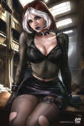  1girl absurdres arm_tattoo artist_name black_gloves black_panties black_pantyhose bracelet breasts brown_hair collar commentary english_commentary gloves green_eyes highres indoors jewelry large_breasts lips logan_cure looking_at_viewer marvel multicolored_hair navel panties pantyhose pantyshot purple_lips rogue_(x-men) see-through see-through_shirt short_hair sitting skirt solo spiked_bracelet spiked_collar spikes tattoo thigh_strap torn_clothes torn_pantyhose two-tone_hair underwear white_hair x-men x-men_evolution 